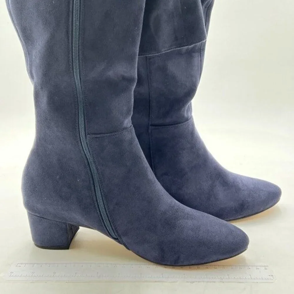Women's Side Zipper Chunky Heel Knee High Boots Blue
